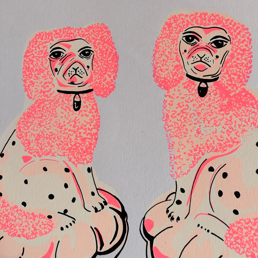 Pink Wooly China Dogs | Screen Print | on pale blue paper