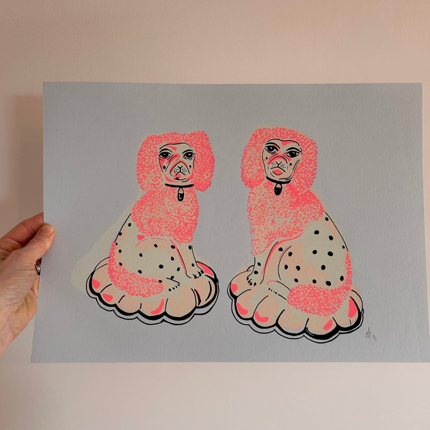 Pink Wooly China Dogs | Screen Print | on pale blue paper