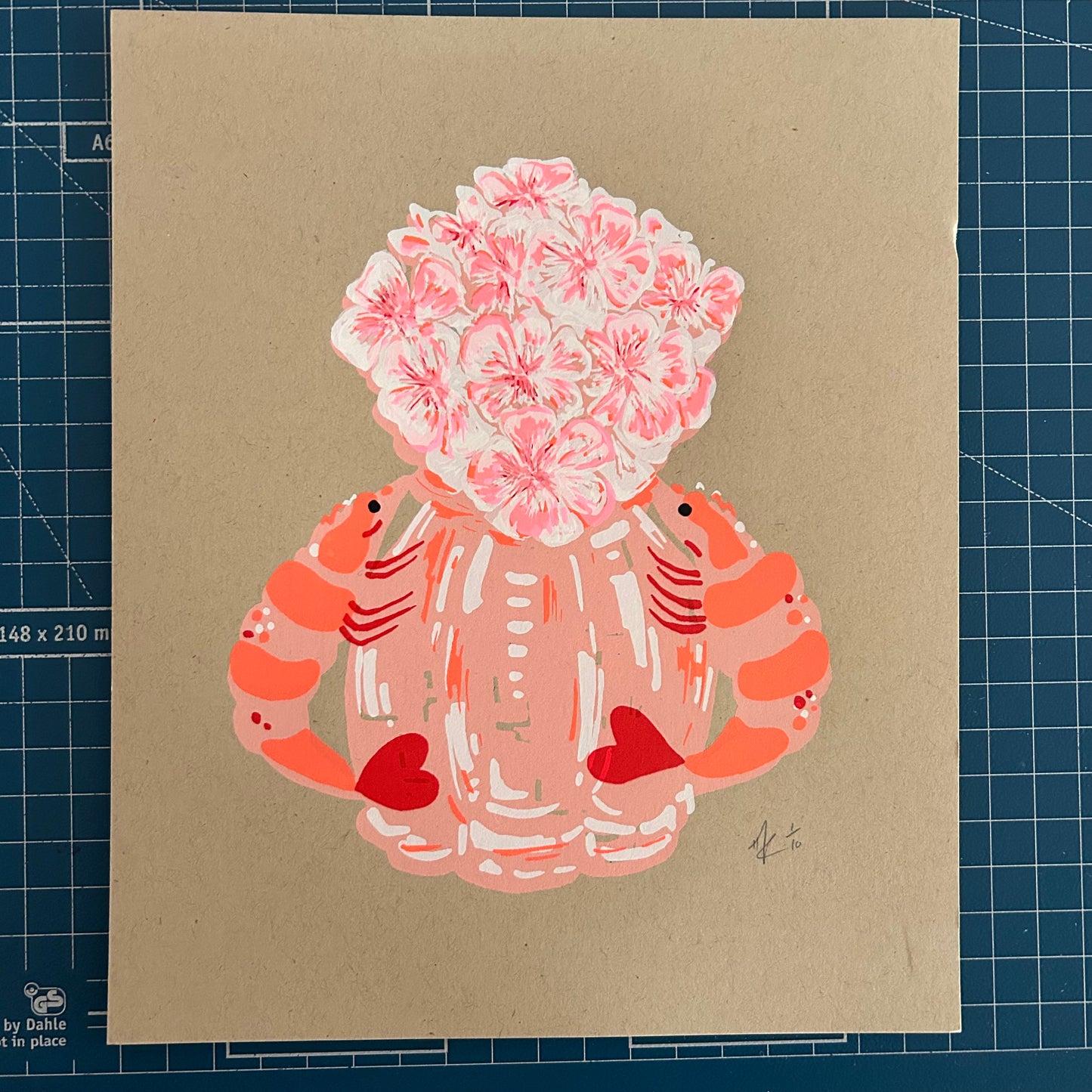 Orange & Pink Prawn Vase | Screen Print (on Recycled Paper)