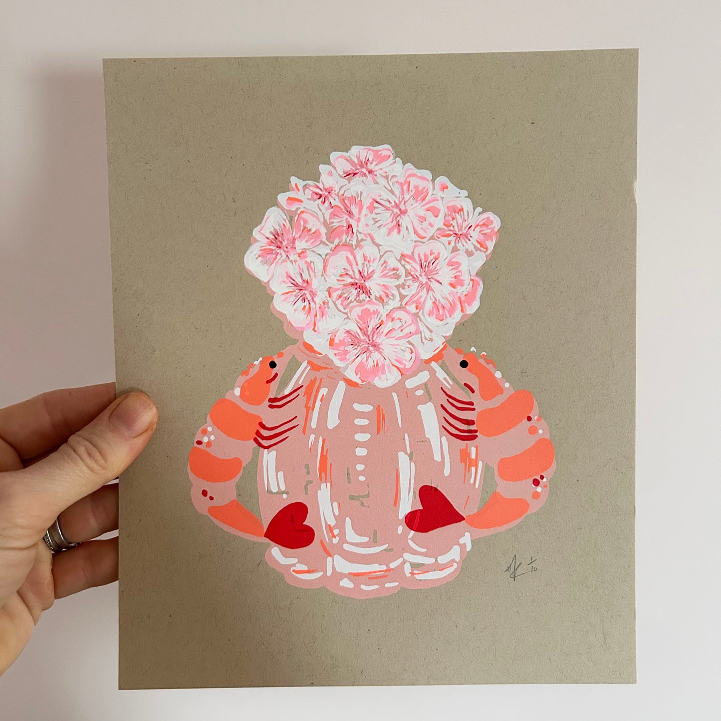 Orange & Pink Prawn Vase | Screen Print (on Recycled Paper)