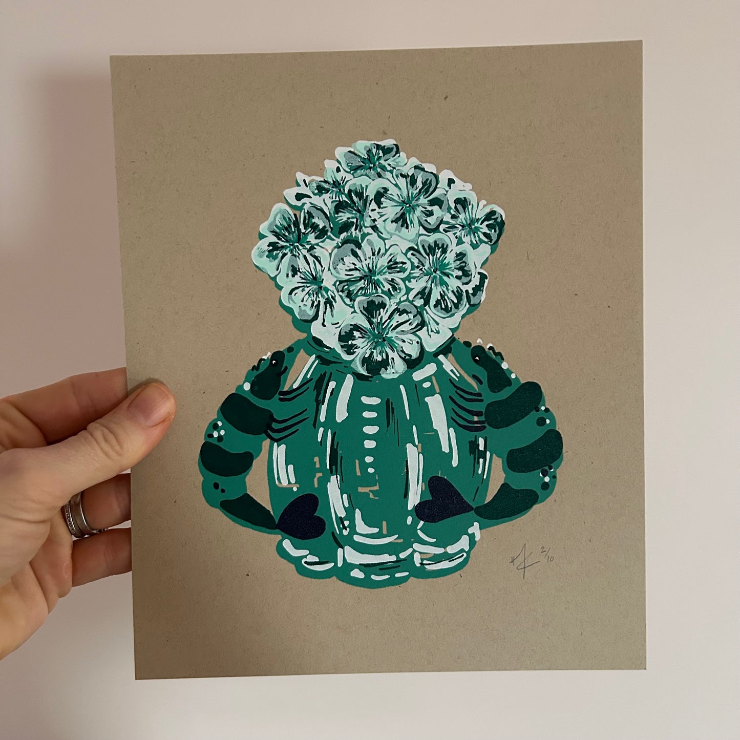 Green Prawn Vase | Screen Print (on Recycled Paper)