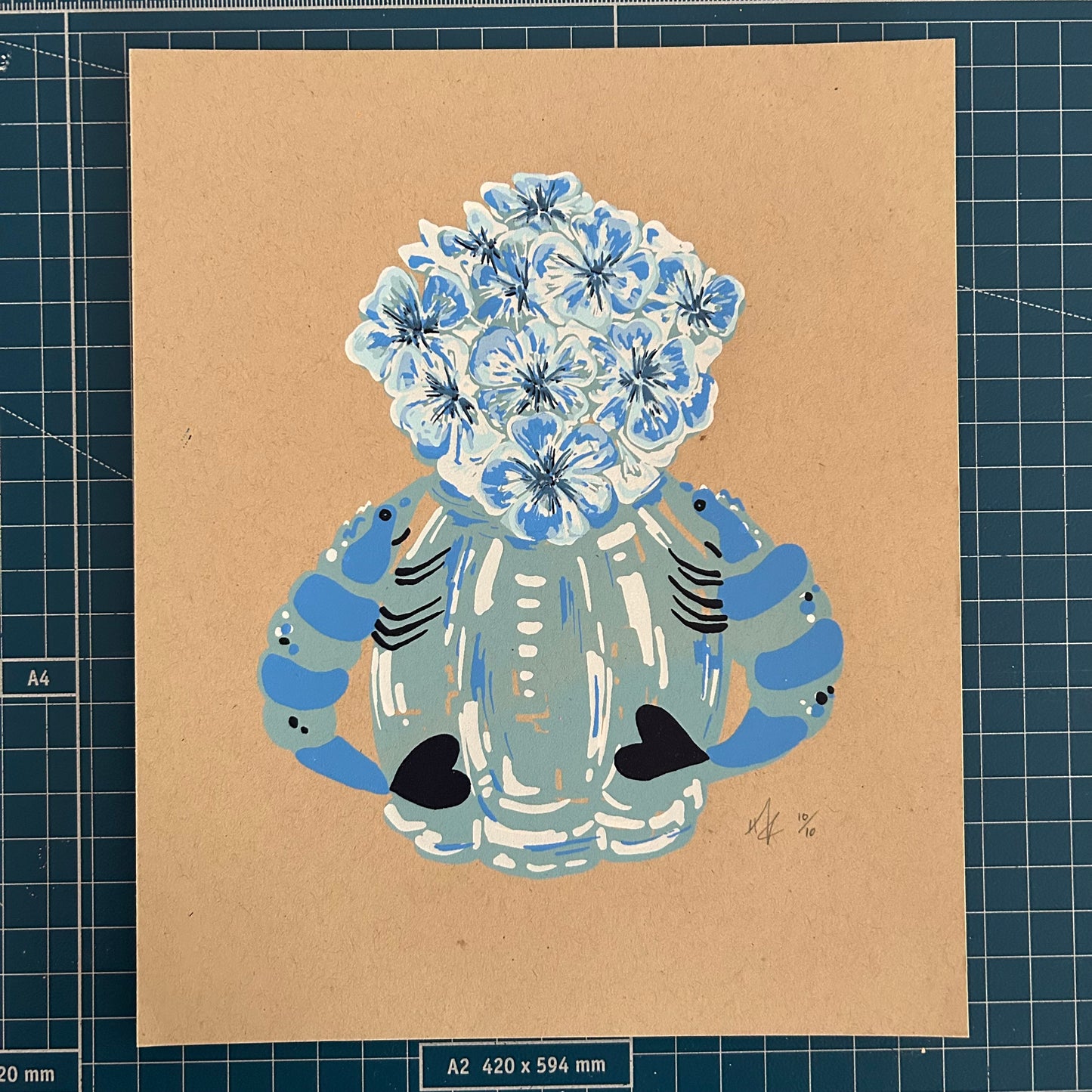 Blue Prawn Vase | Screen Print (on Recycled Paper)