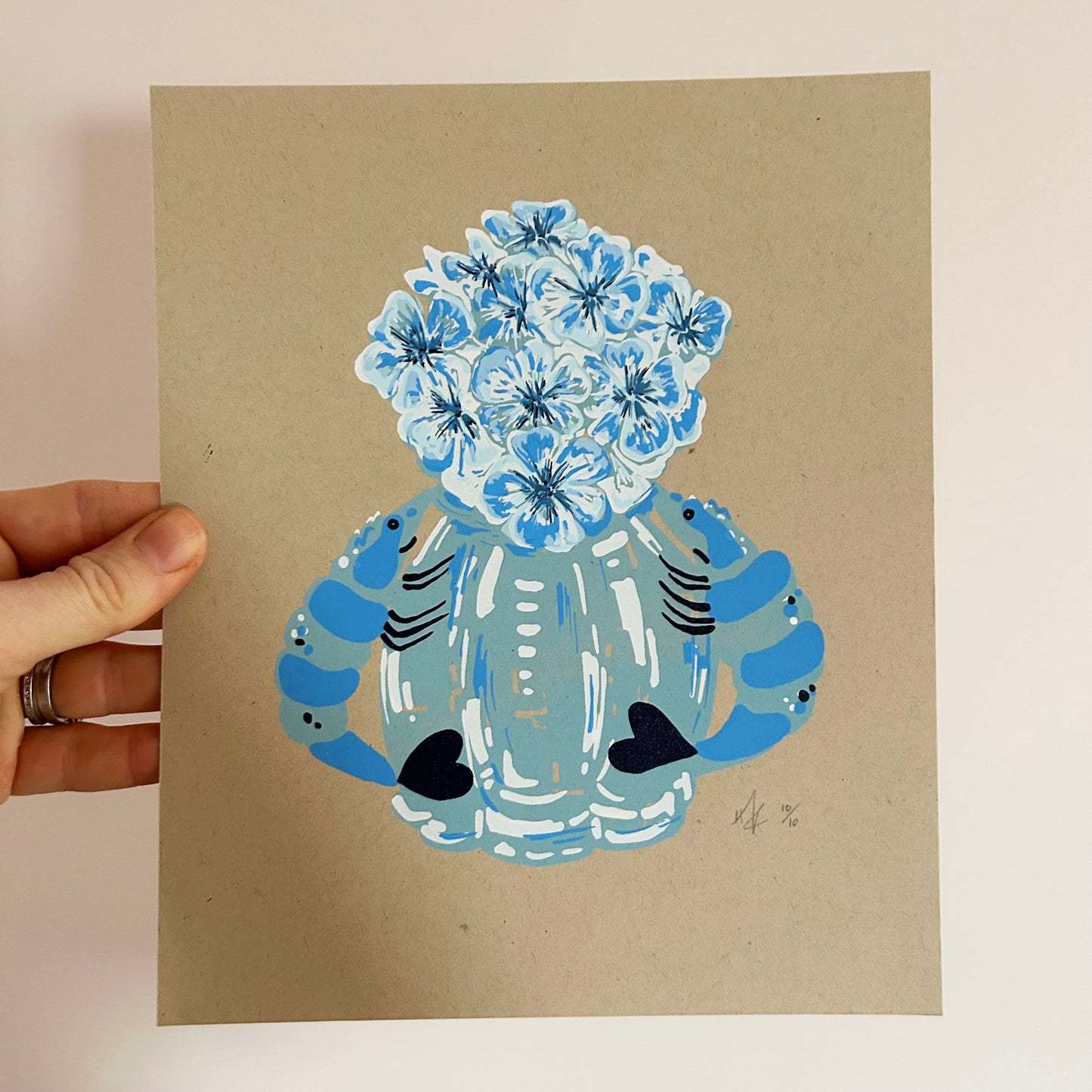 Blue Prawn Vase | Screen Print (on Recycled Paper)