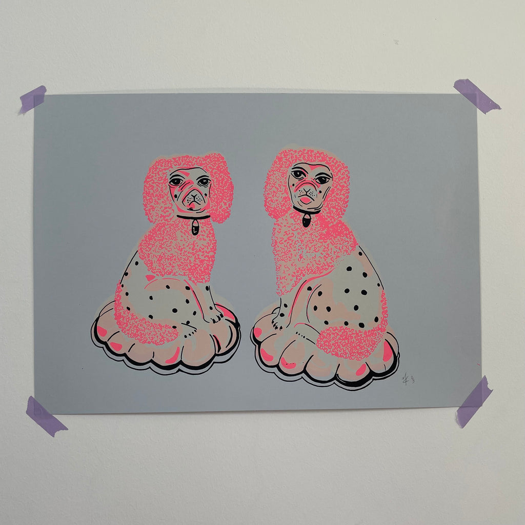 China Dogs | Screen Print | Pink on Grey Paper