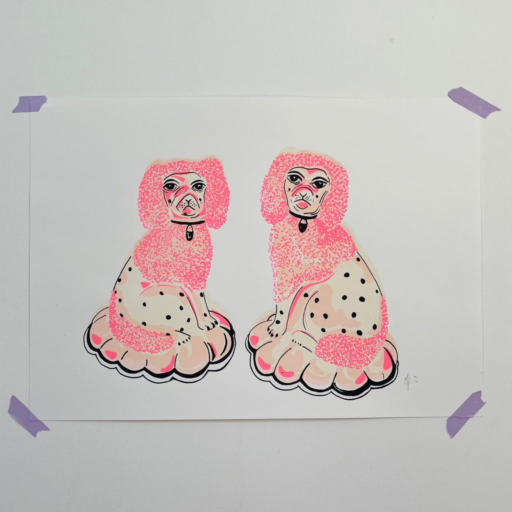 hannah carvell, screen print, China dogs, granny chic, staffordshire china dogs print, art, dog art, pink dogs