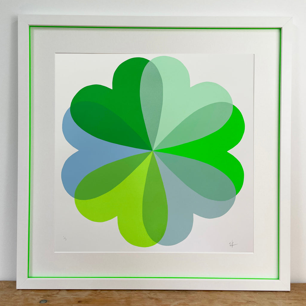 hannah carvell, screen print, hearts and flowers, green, neon green, love hearts, st patrciks day, art, limited edition art, screenprint