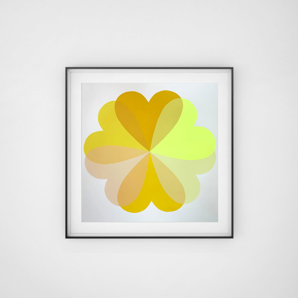 Hannah Carvell, Yellow Sunshine Screen Print, Neon Yellow Spacer Frame, Love Hearts