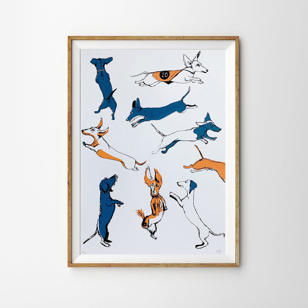 Leaping Dachshunds Screen Print | Blue + Orange
