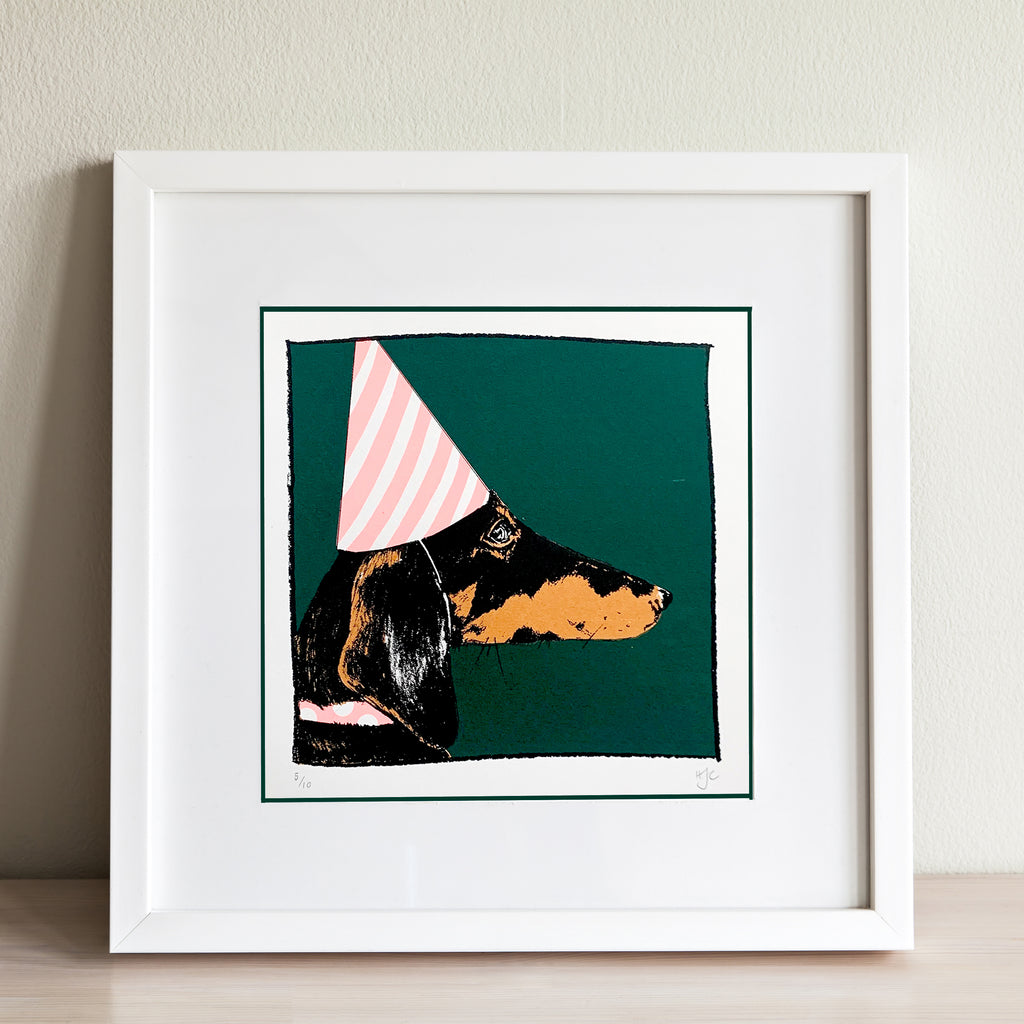 Dachshund in a Party Hat Screen Print | Green