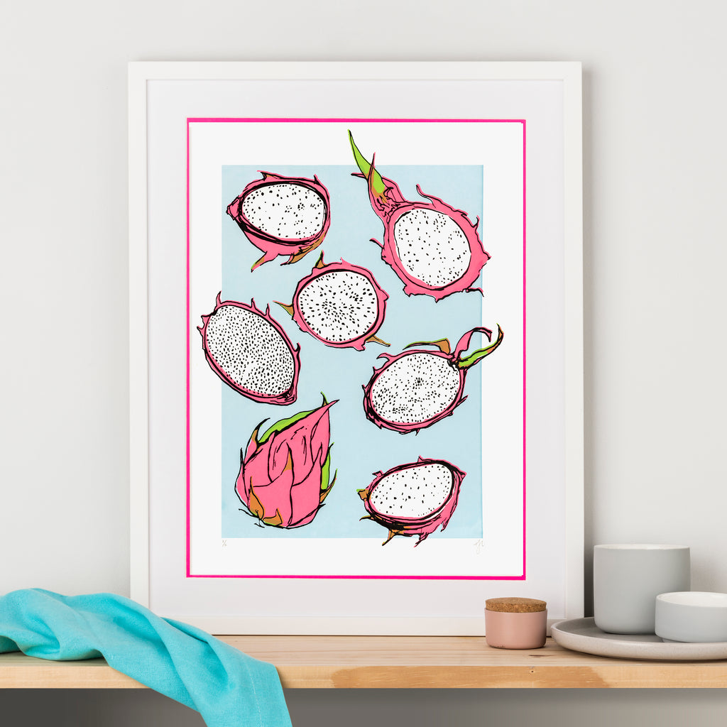 Hannah Carvell, Neon Pink Frame, Double Mount, Screen Print, Dragon Fruits Illustration