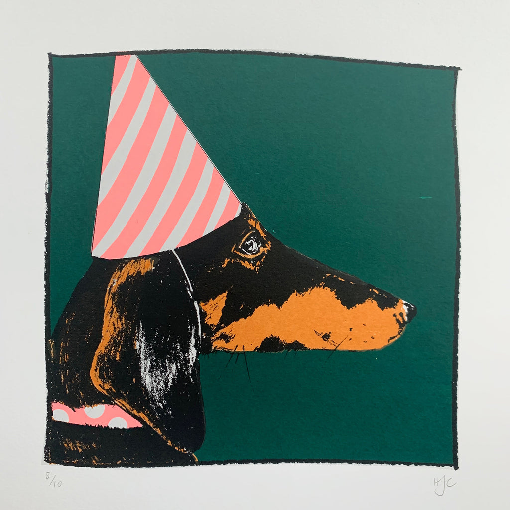 Dachshund in a Party Hat Screen Print | Green