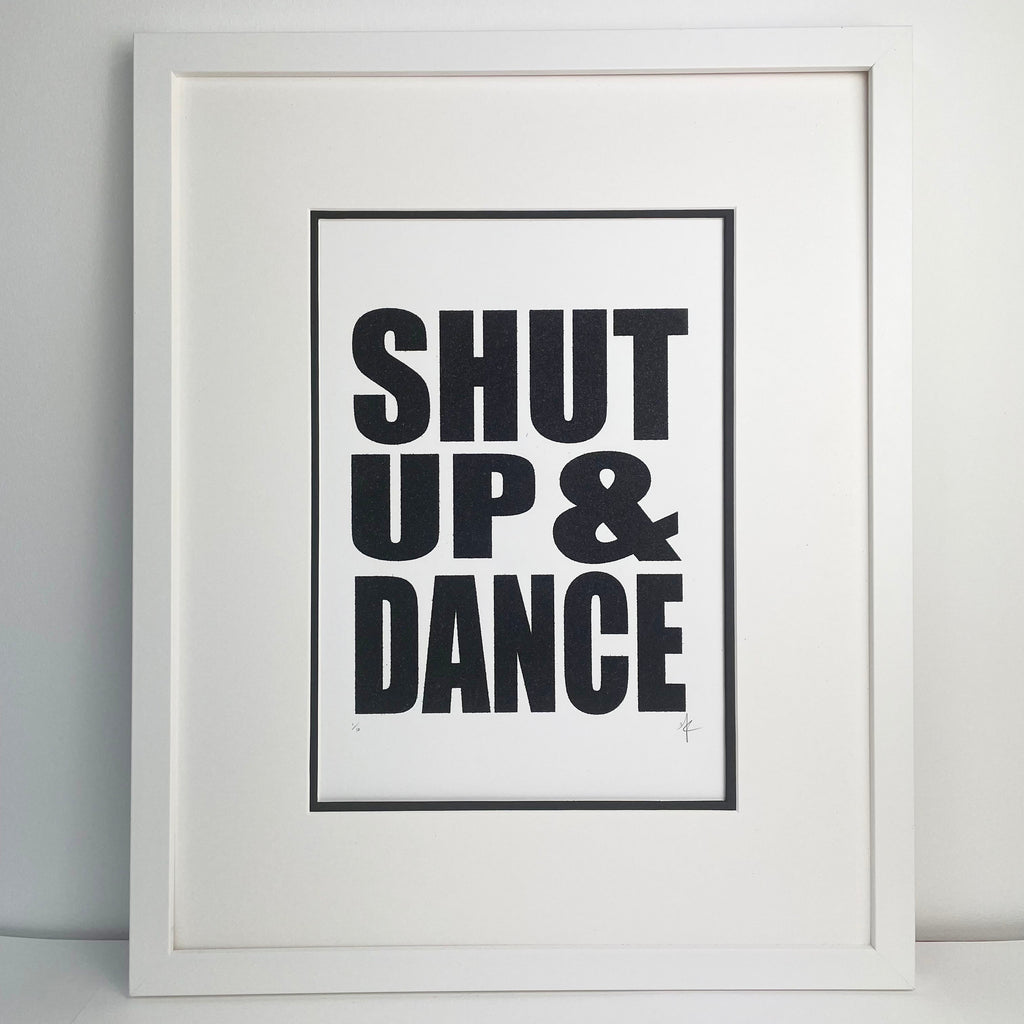 Hannah Carvell, Screen Print, screenprint, shut up and Dance, glitter, typography, cool print, gallery wall, kitchen disco
