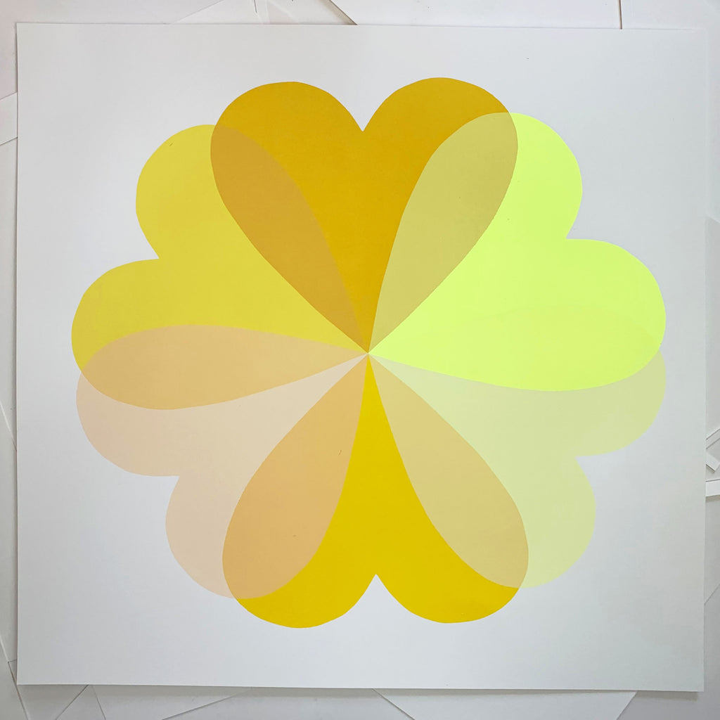 Hannah Carvell, Yellow Sunshine Screen Print, Neon Yellow Spacer Frame, Love Hearts