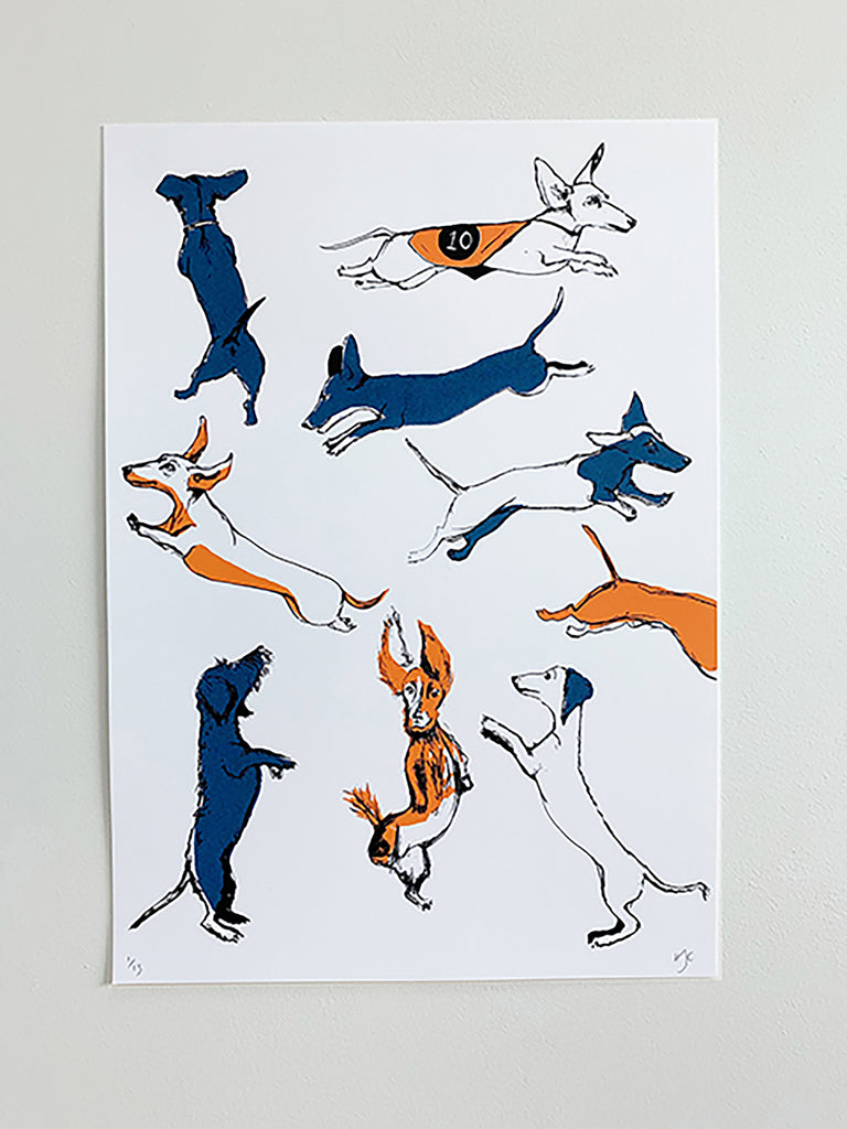 Leaping Dachshunds Screen Print | Blue + Orange