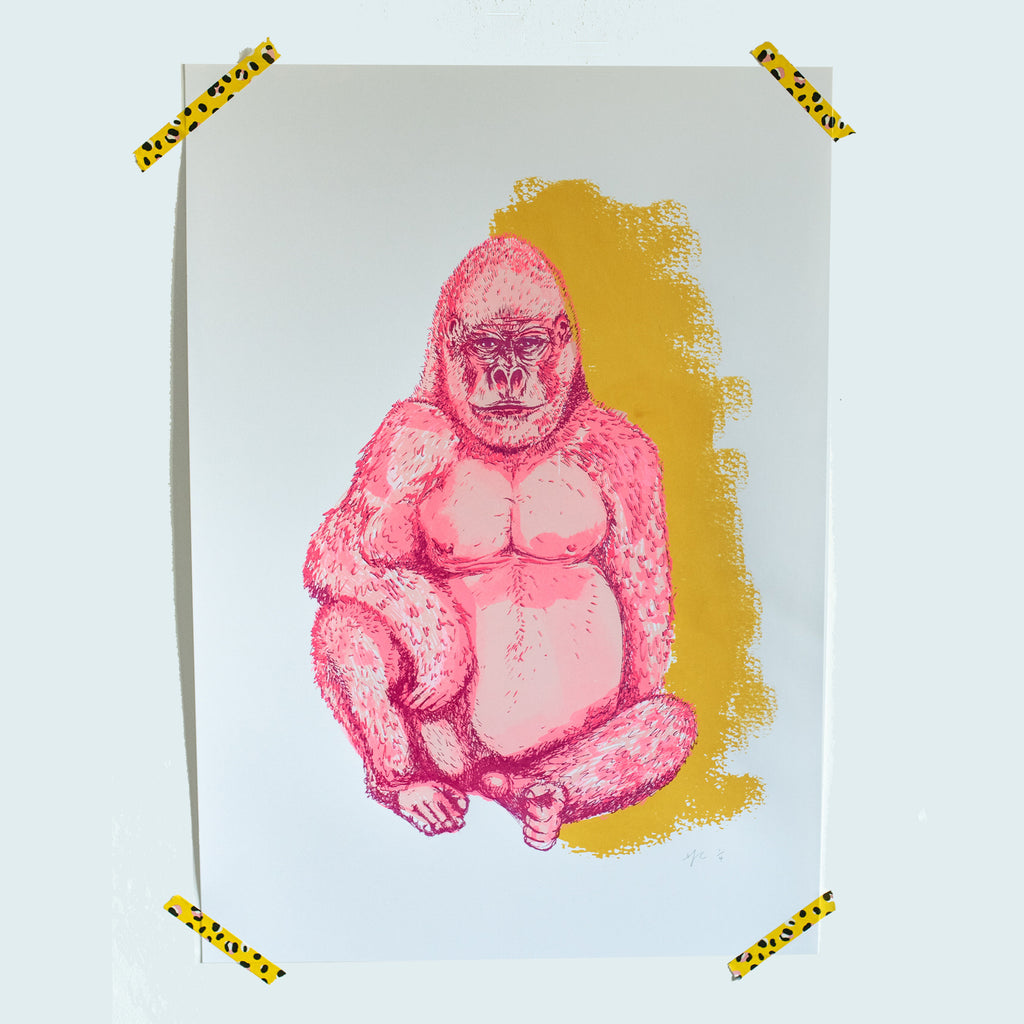 Gorilla Screen Print | Pastel Pink + Yellow