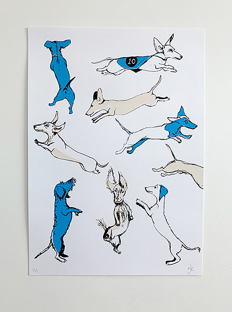 Leaping Dachshunds Screen Print | Blue + Pink