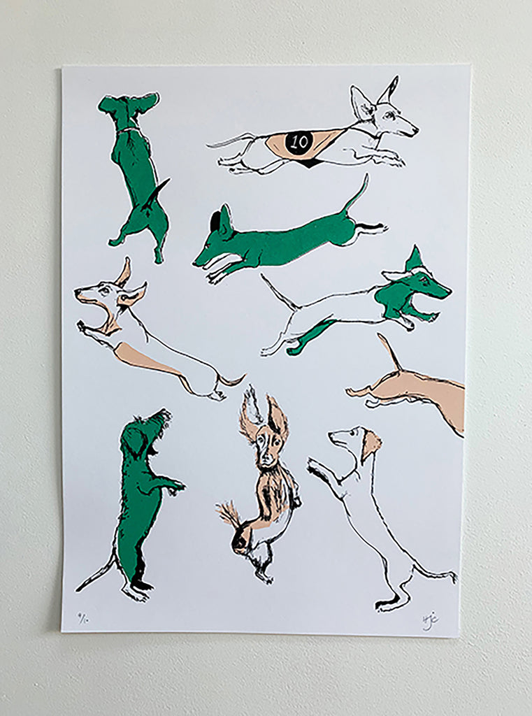 Leaping Dachshunds Screen Print | Green + Pink